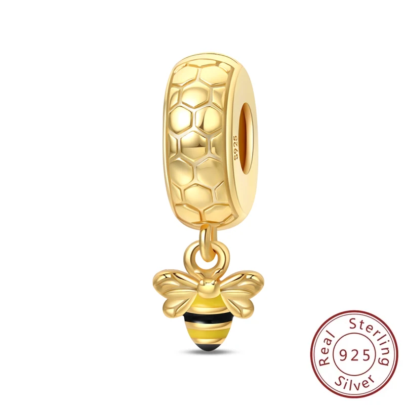 

Spring New 925 Sterling Silver Hive Bee Golden Charms Spacer Beads Fit Original Bracelet Or Necklace Fine DIY Jewelry Gift