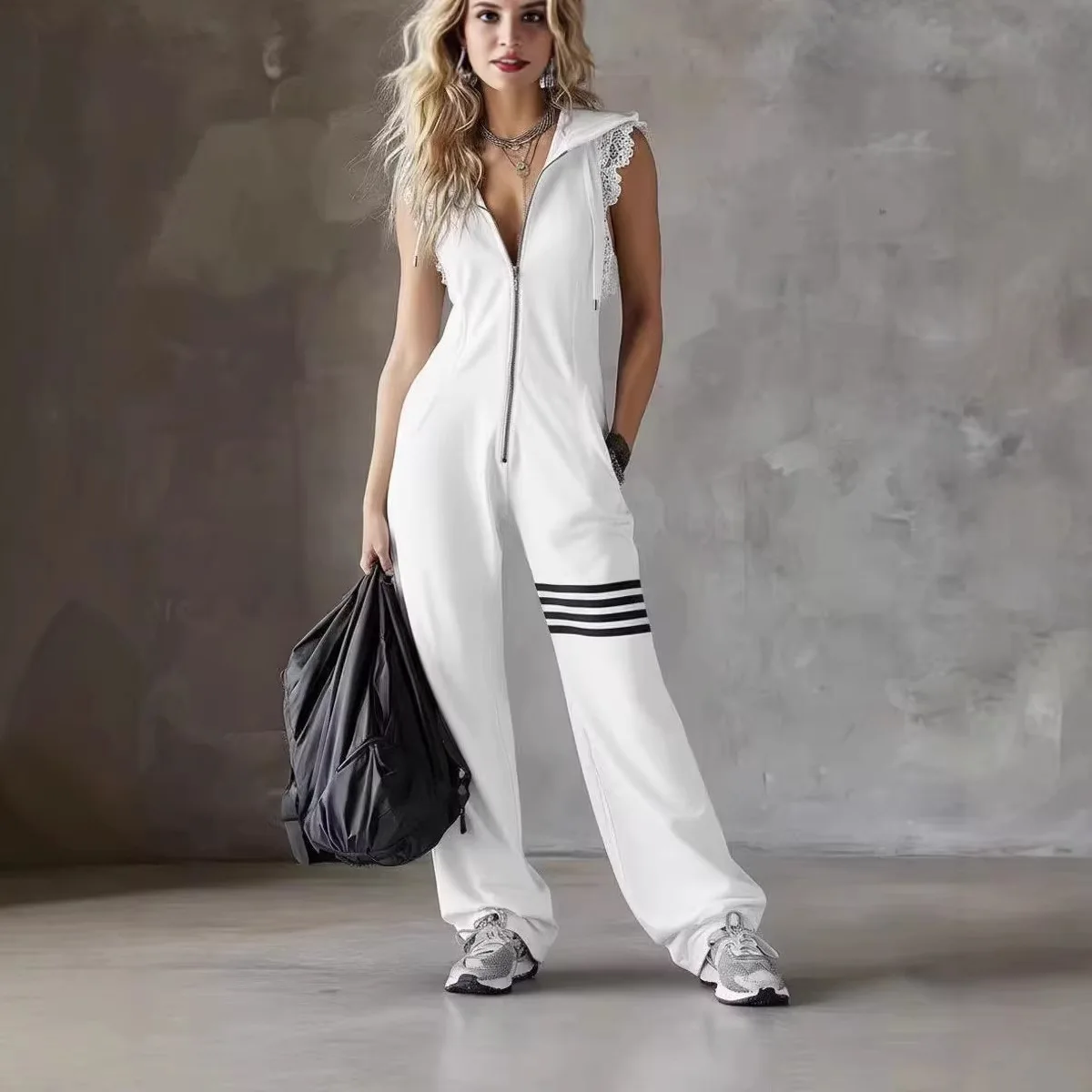 

Women's Lace Patchwork Jumpsuit Summer New Sporty Retro Striped Sleeveless Hooded Jumpsuit Lady's Floor-Length Trousers Clothes