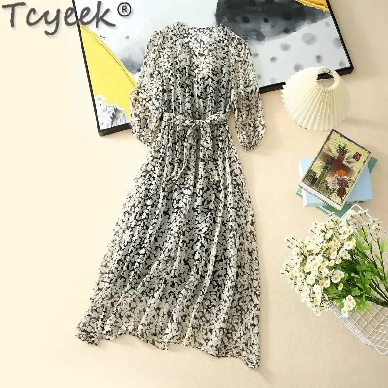 

23 Tcyeek Summer New In Woman Clothing Print French Elegant 100% Mulberry Dresses for Women V-Neck Real Silk Dress