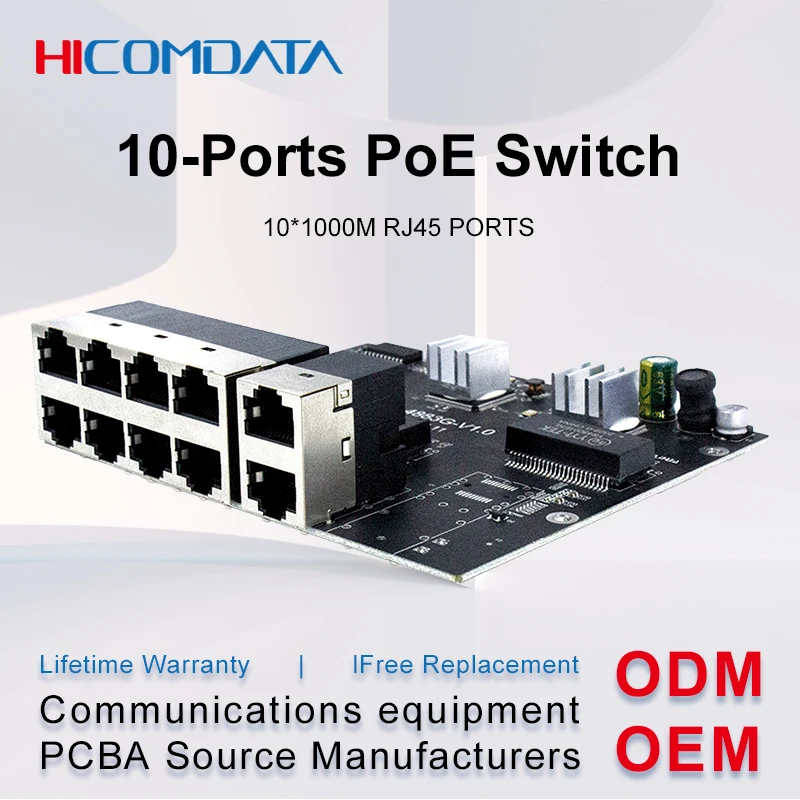 

Unmanaged PoE switch with 2*10/100/1000M RJ45 ports and 8*100/1000M PoE ports, 1-8 ports support IEEE802.3af PoE standard