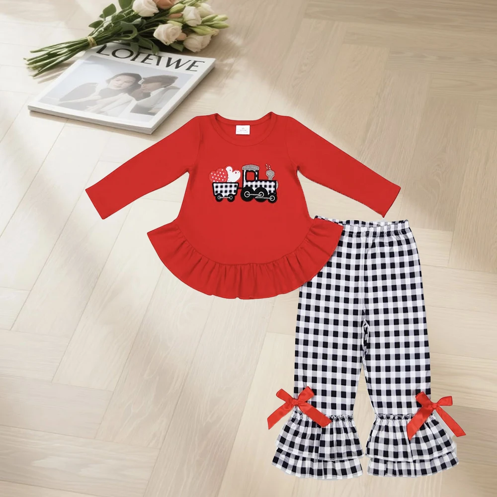 12.17 Baby Girls Winter Clothes Baby Girls Valentines Hearts Tractor Tunic Black Checkered Pants Clothing Sets
