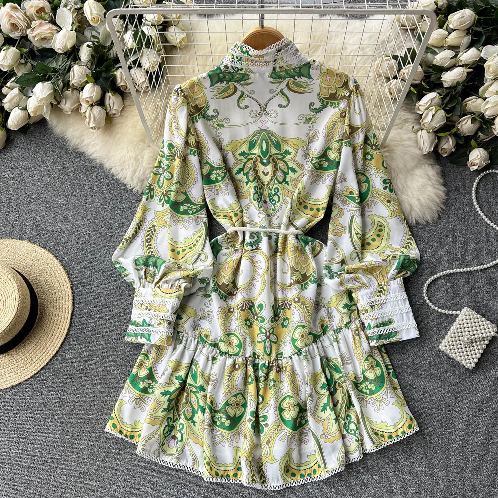 New In Dresses Lace Trim Elegant Vintage Floral Print Dress Women Stand Collar Long Sleeve Buttoned Holiday Mini Dress With Belt