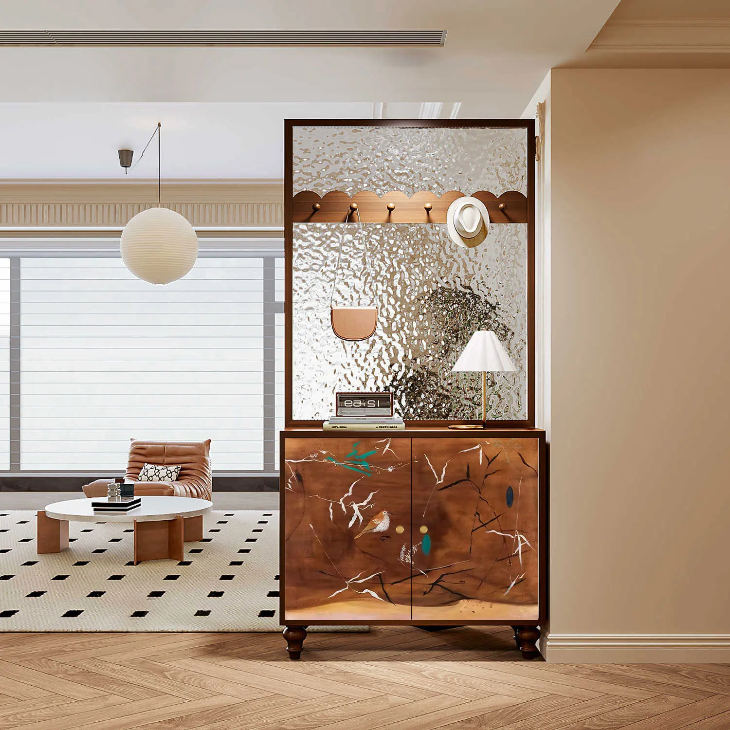 French vintage oil painting entryway cabinet solid wood hydrographic glass entrance door screen partition living room storage sh