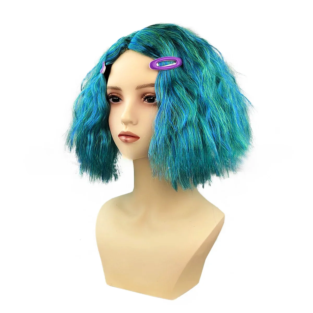 Anime Inside Out 2 Envy Wig Short Blue Curly Heat Hairpiece Masquerade Cosplay Headgear Head Cover with Water Drop Clip