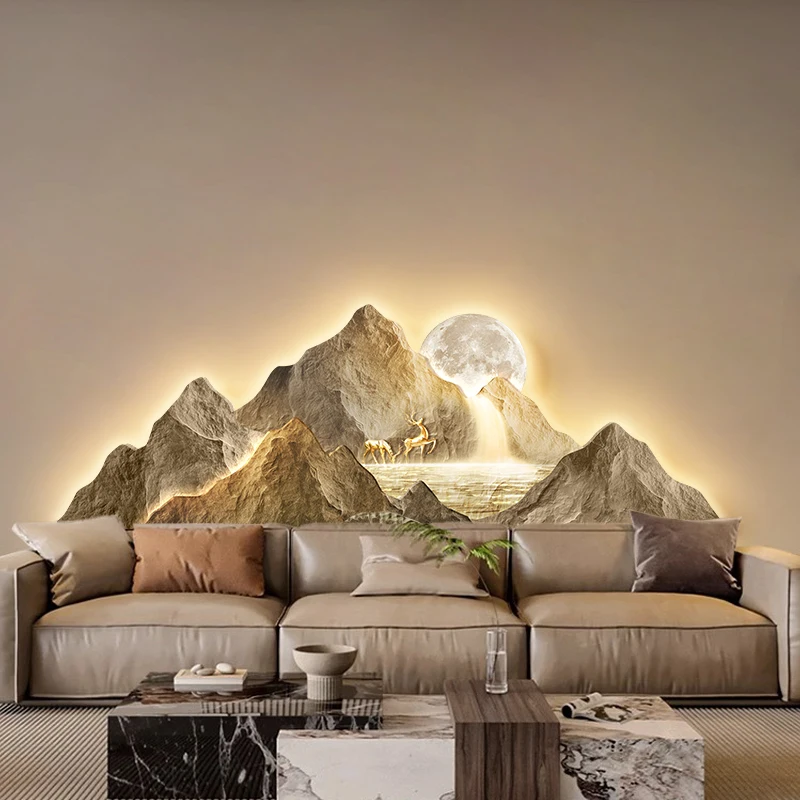 

New Chinese living room light painting back Jinshan advanced sense landscape light mural lamp sofa background wall with light pa