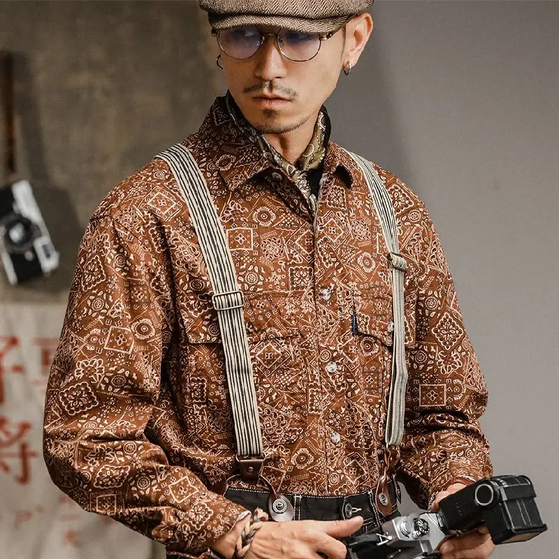 

American Sle Long Sve Workwear irt for Men Trendy Nut Flower Ethnic Sle Artistic Retro Briti Ele Men's irt