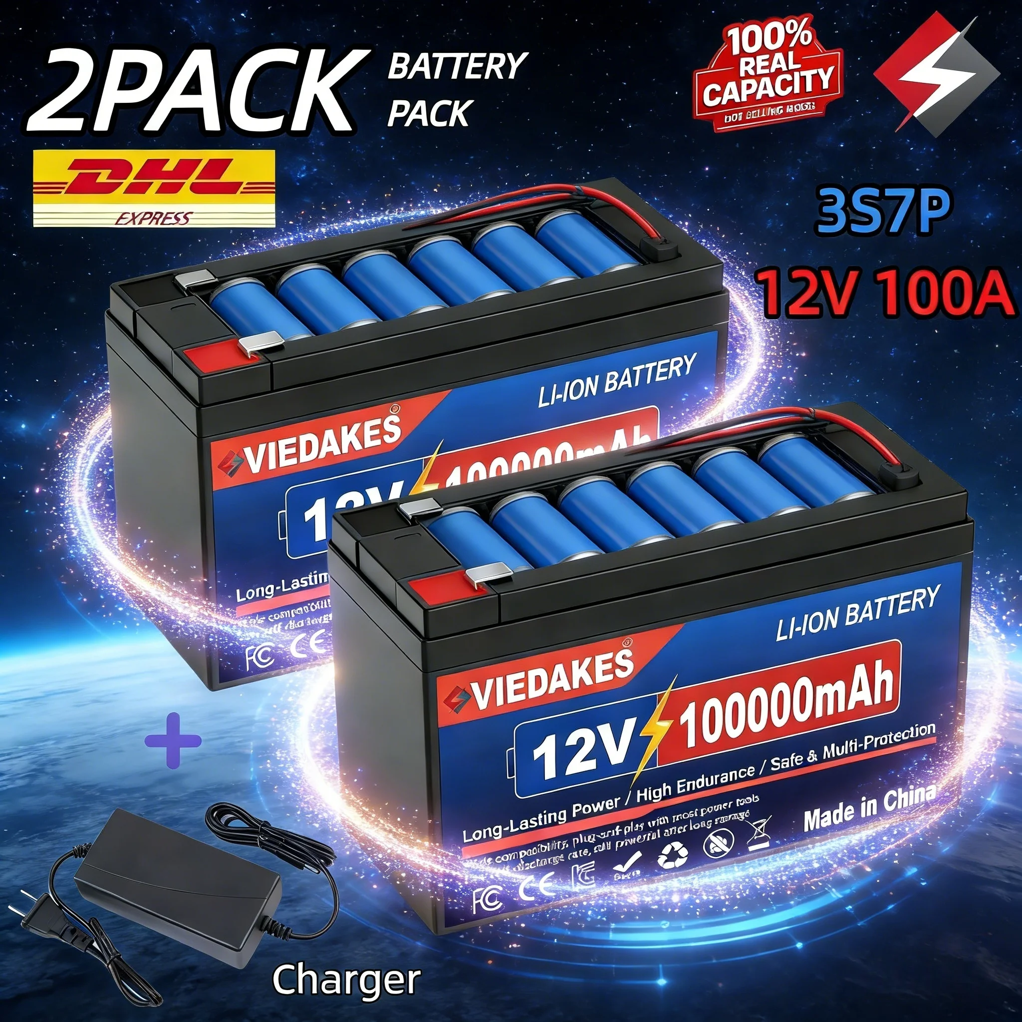 

3S7P 18650 Battery Pack Box 12V Lithium 12.8V 100Ah LiFePO4 Built-in BMS & Charger Durable Solar Battery