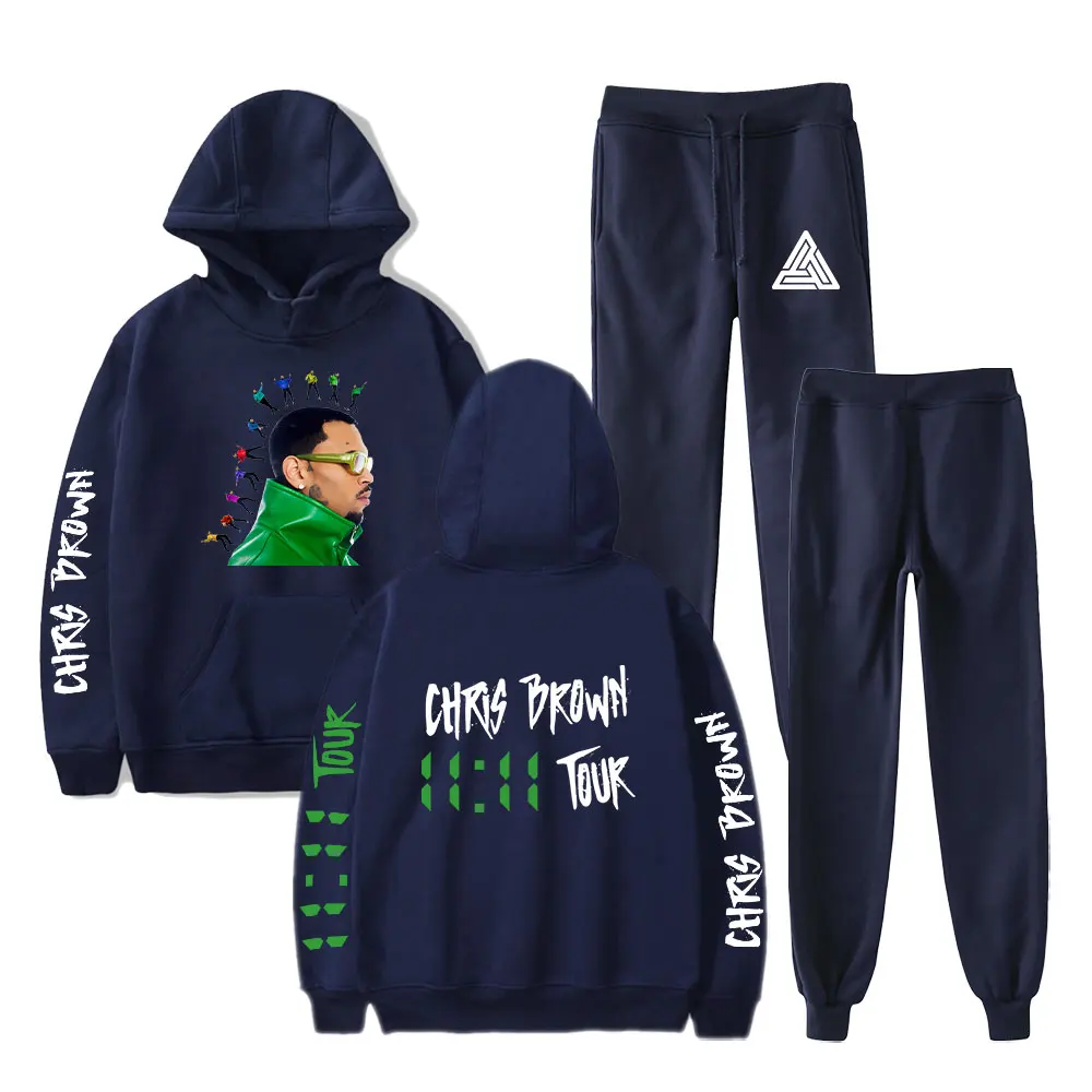 Chris Brown merch the 1111 tour rapper  Hooded Two Piece Set Sweatshirt Men/ Women's Set hip hop Pullover