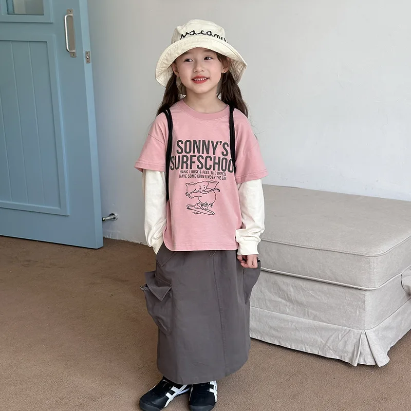 Kinderkleding Kids Casual T-Shirt 2024 Herfst Meisjes Top Koreaanse Stijl Kleur Cartoon Letters Nep Twee Modieuze T-Shirts