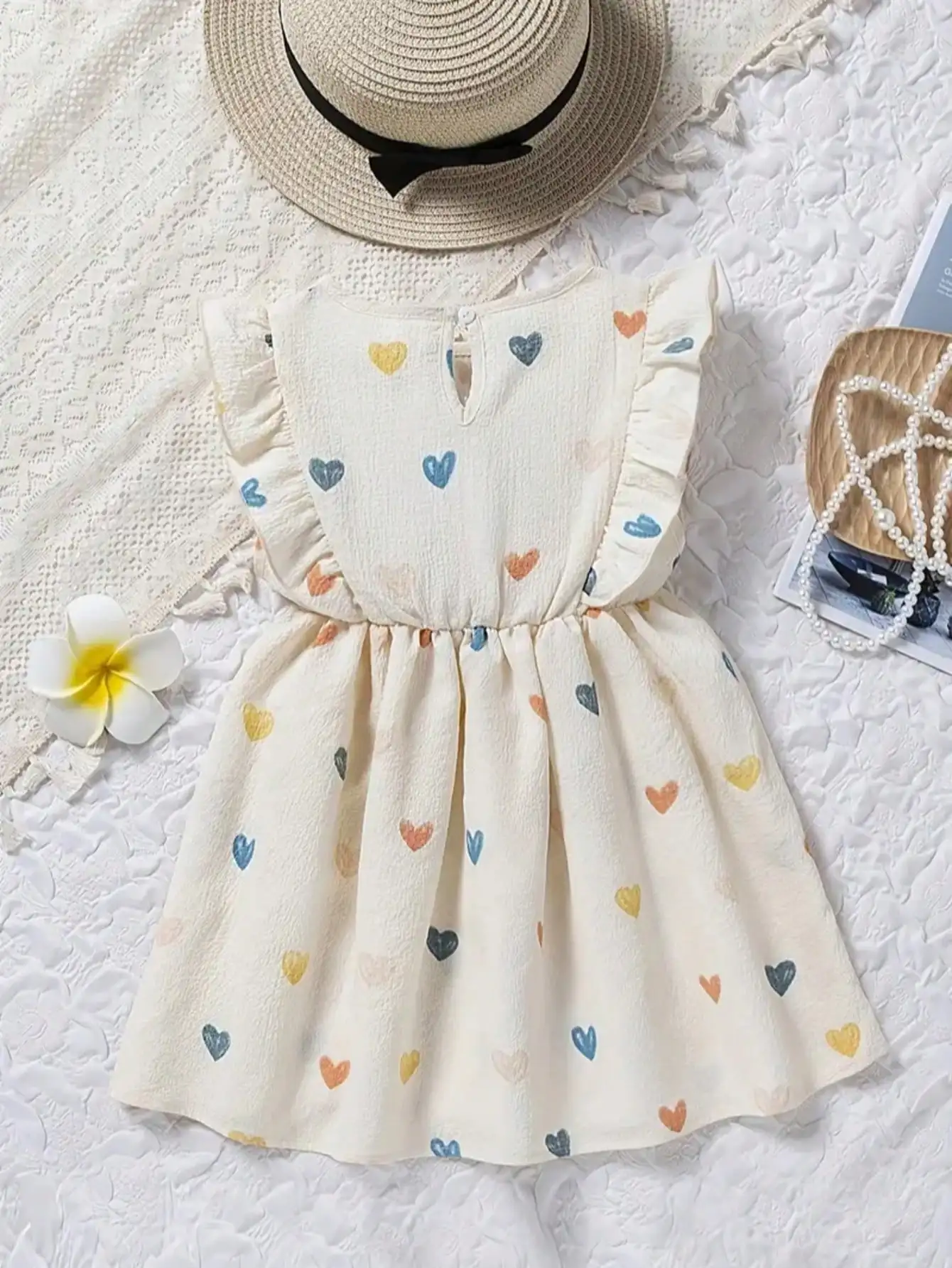 Ärmelloses Rüschenkleid für Kinder mit Herzmuster, Taillenschliff und Schleife, langer Rock, Rundhalsausschnitt – Detail 4