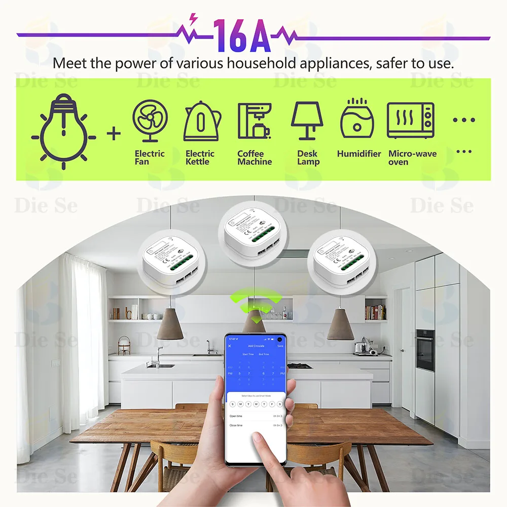 Diese Wifi Rf Smart Home Tuya Light Switch Smart Life 16A AC Relay Receiver No Battery Needed Self Powered Wall Panels Switch