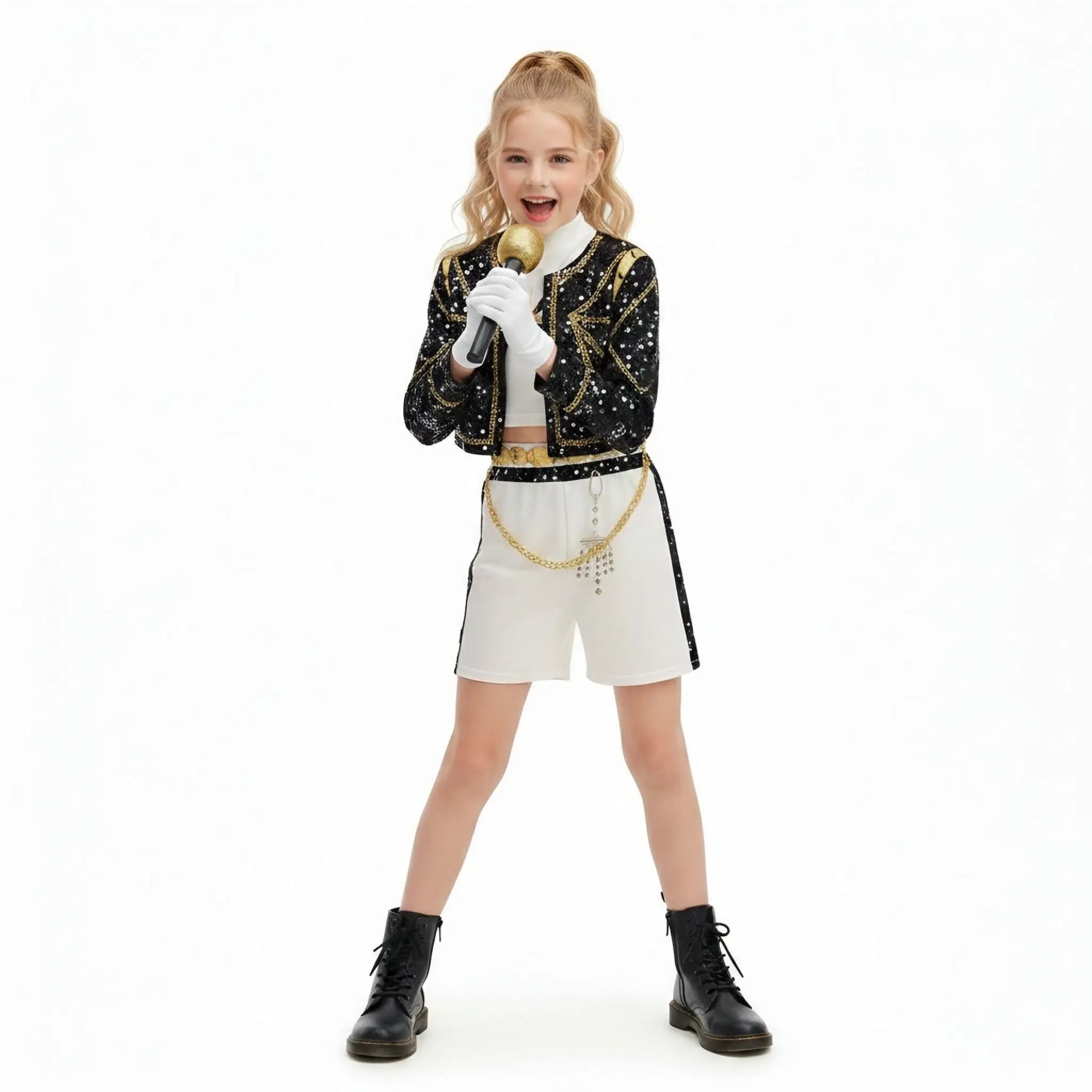 Mädchen Halloween Cosplay Pop-Sängerin Modekleidung Bühnenauftritt Kostüm 3-teilig Jacke Weste Shorts Uniform Show Party Kostüm – Detail 7