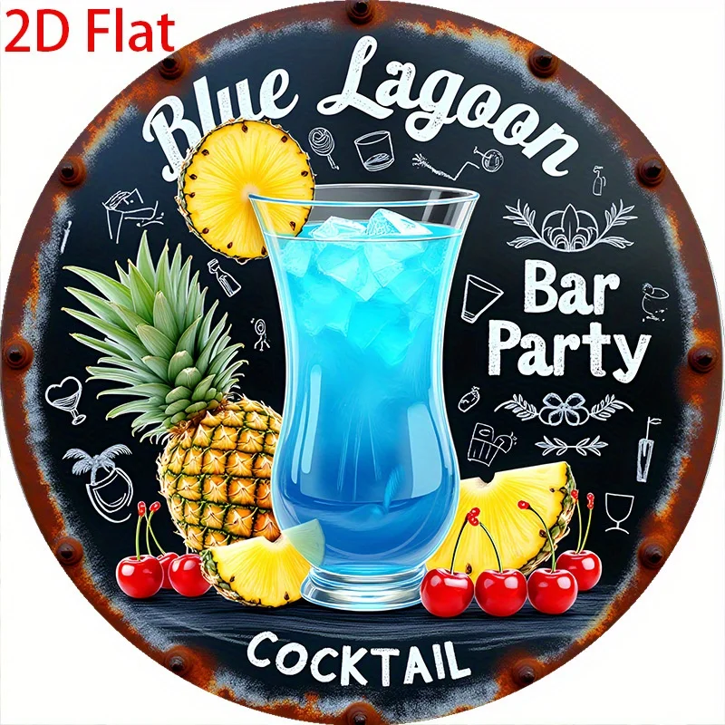 2D Flat - 【2D Flat】 2D Flat - [2D Flat] 1pc 2D Flat Metal Sign Featuring a Retro Round Design with a Blue Lagoon Cocktail, Pinea