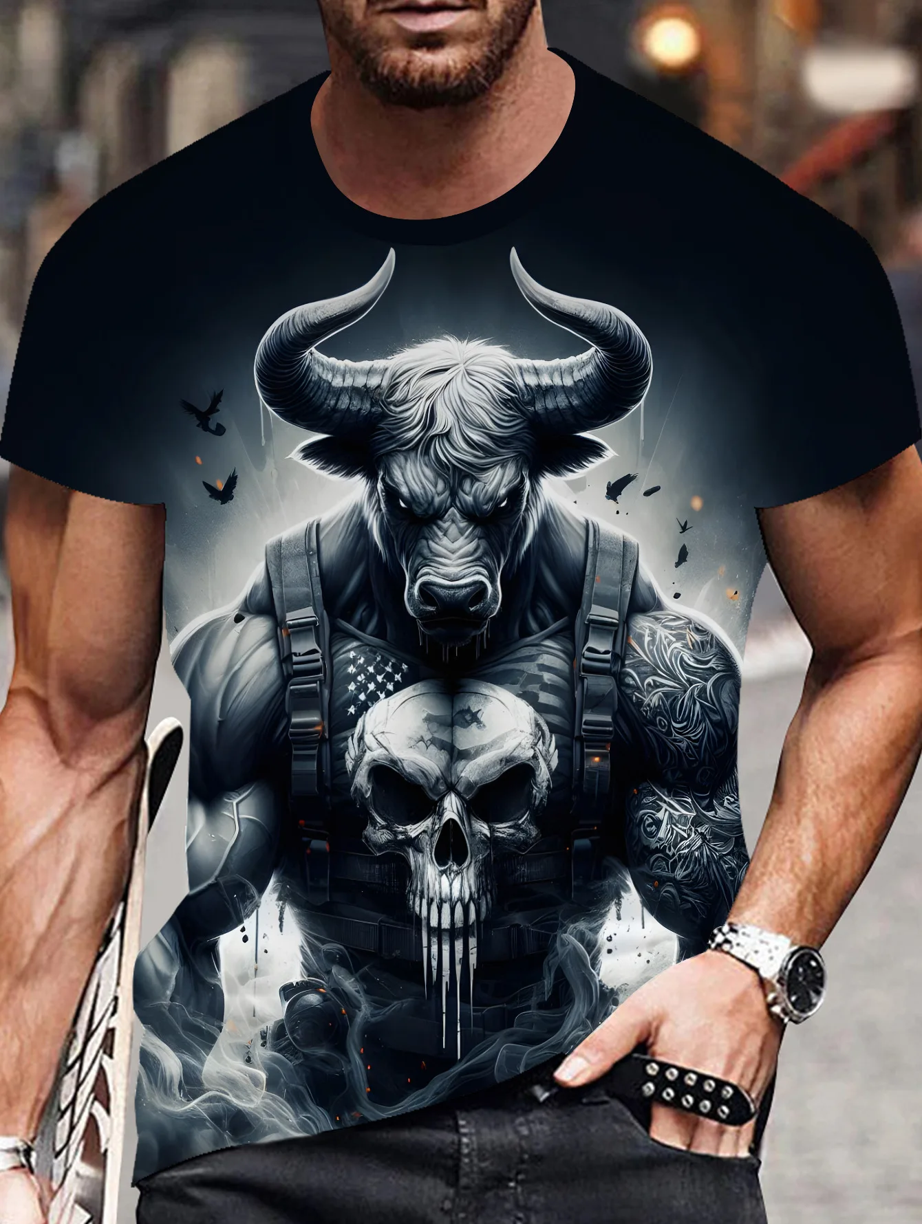 

Funny 3D Cattle Warrior Print Men's T Shirt Hip Hop Trend Harajuku Streetwear Casual O-neck Short Sleeve Tops Fashion Skull Tees
