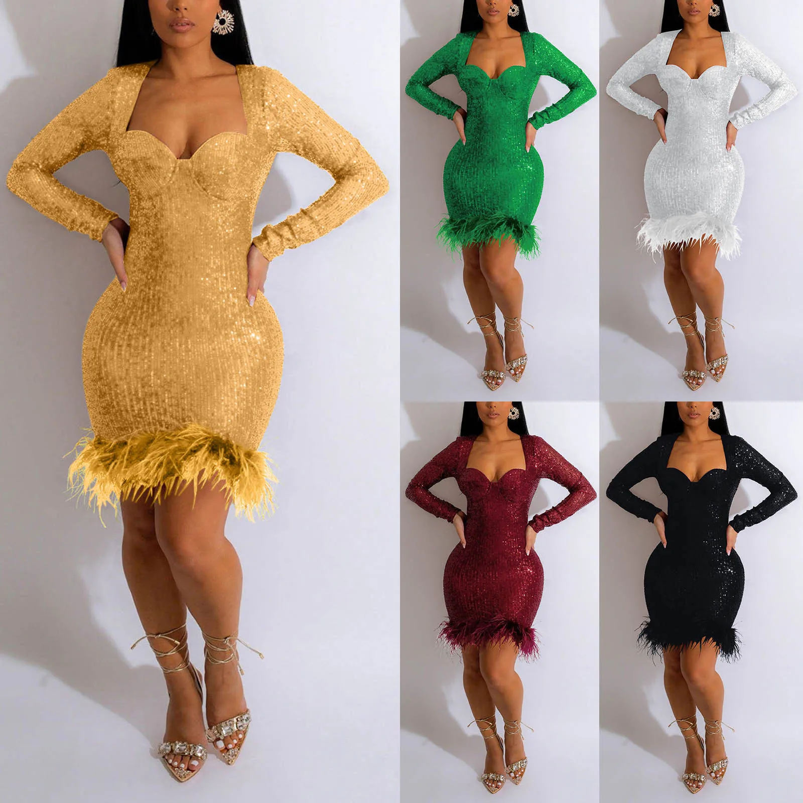 

Женское облегающее мини-платье с блестками и перьями, сексуальное платье с U-образным вырезом и длинным рукавом, облегающее платье для ночного клуба на молнии сзади