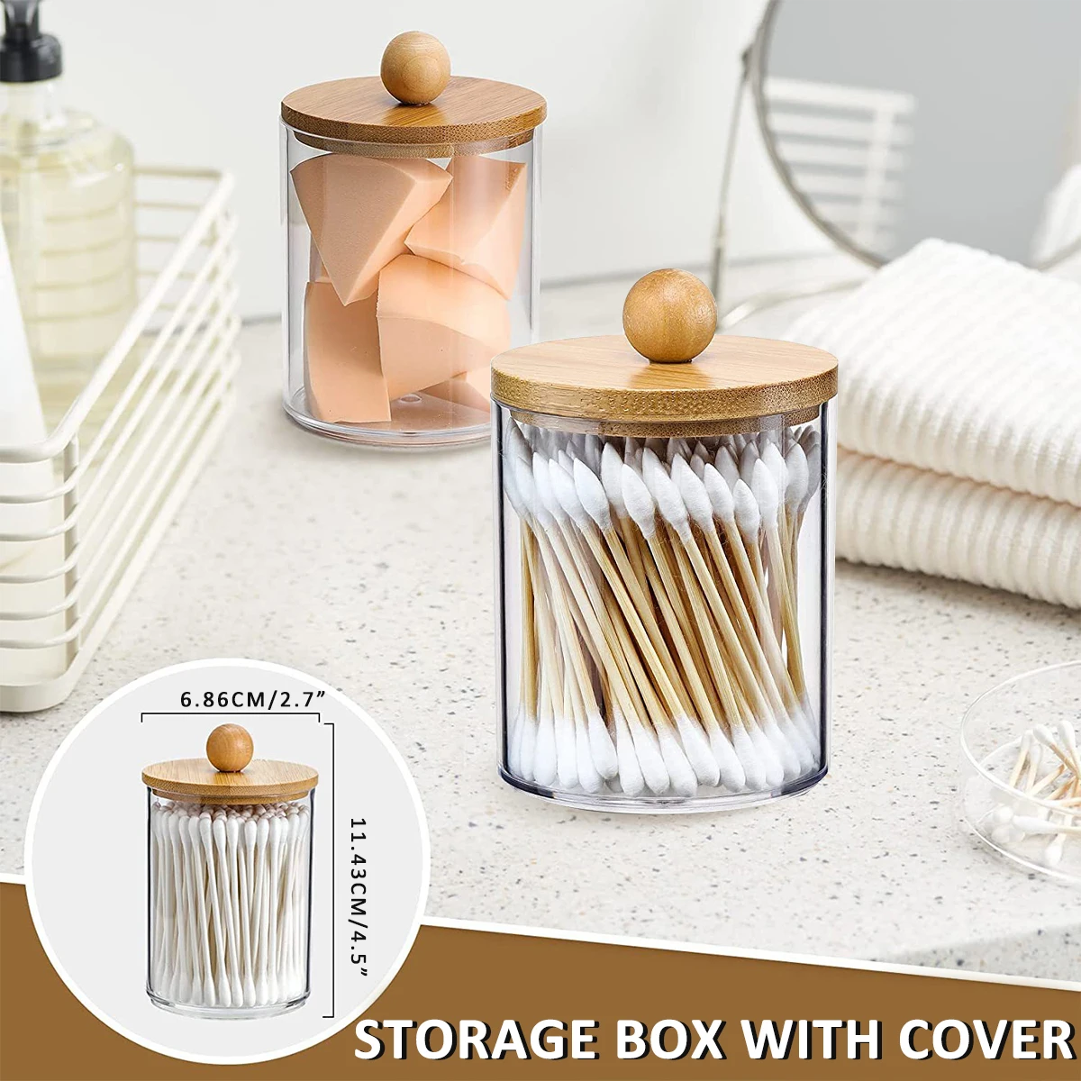 3/4Pcs Bathroom Organizer Set Qtip Holder Dispenser with Bamboo Lids Clear Acrylic Storage Box for Cotton Ball/Swabs Storage NEW