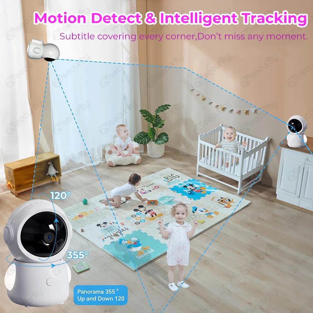 2K 3MP كاميرتين واي فاي مراقبة الطفل تقسيم الشاشة هاتف الطفل عبر التحكم في التطبيق وشاشة IPS مقاس 4.3 بوصة كشف الحركة تعقب تلقائي بتز كاميرا الطفل دعم اليكسا ومساعد جوجل