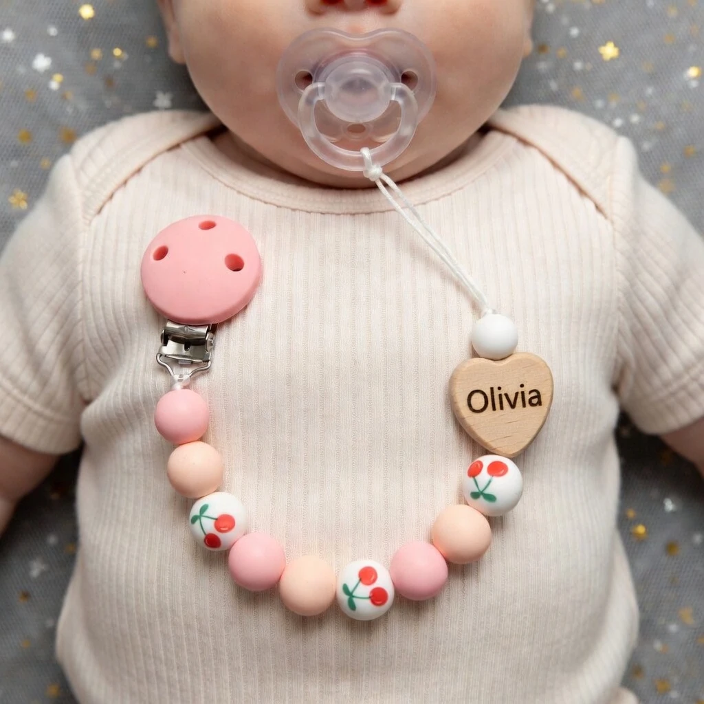 Personalized Name Handmade Beech Wood Pacifier Clip Holder Chain Heart Cherry Silicone Beads Baby Teether Teething Chain Gift