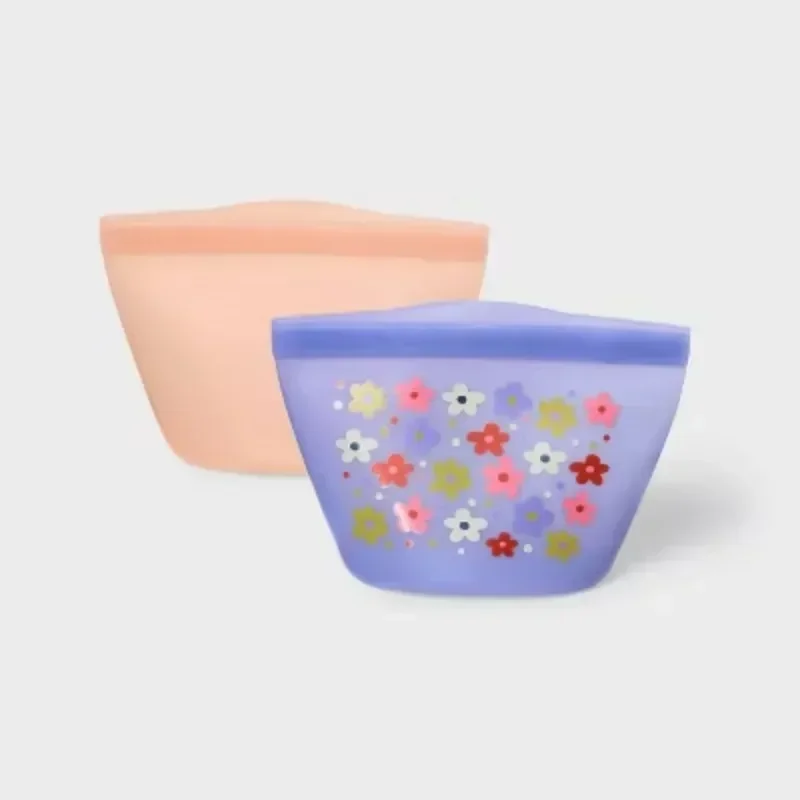 مجموعة أطفال مكونة من كيس ساندويتش قابل لإعادة الاستخدام بنمط الأزهار - حلقة إغلاق من السيليكون