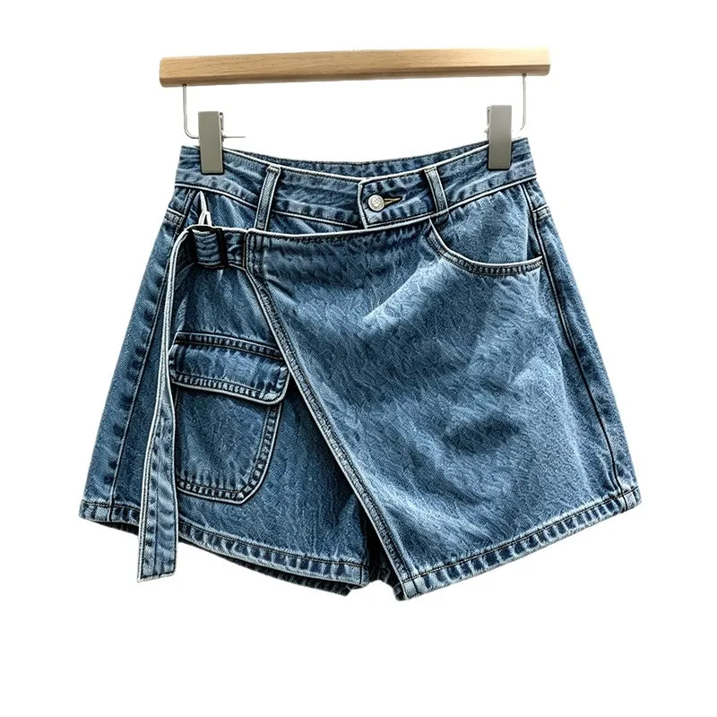 European Style Women Irregular High Waist Denim Skorts Summer Vintage Wide Leg Slim Versatile Casual Jean Shorts for Ladies