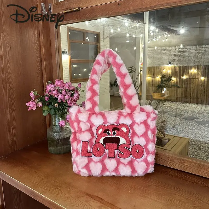 Disney Strawberry Bear New Women's Handbag Fashion High Quality Women's Plush Bag Cartoon Cute Large Capacity Women's Bag