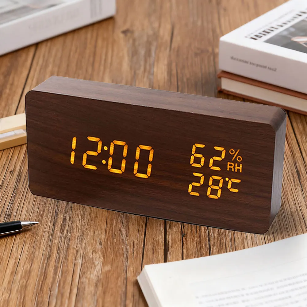 

Многофункциональный бесшумный деревянный будильник с термометром, гигрометром и источником питания USB, регулируемой яркостью
