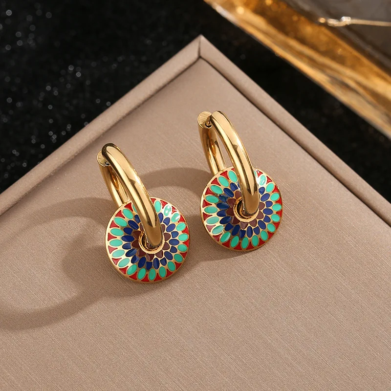 Vintage Painted Daisy Pattern Design Stainless Steel Necklace Earrings Set Female Creative Ethnic Style Jewelry Accessories image 6