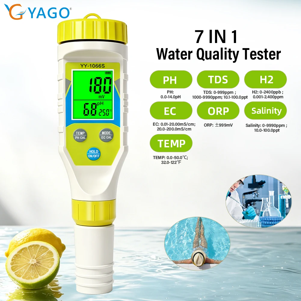 7 in 1 pH Meter EC TDS ORP H2 Salinity Temp Water Quality Tester Rechargeable Digital Monitor for Swimming Pool Aquarium