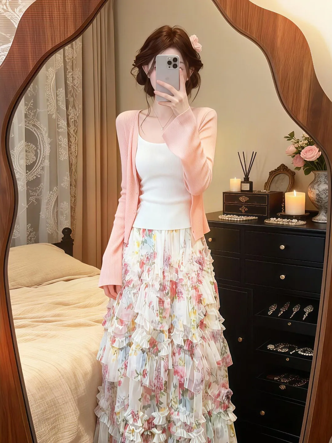 

Pink Floral Print Cardigan Vest And Skirt Set Spring Fashion Ensemble Ageless Cute Unique Three Piece Women's Comfortable Clo...