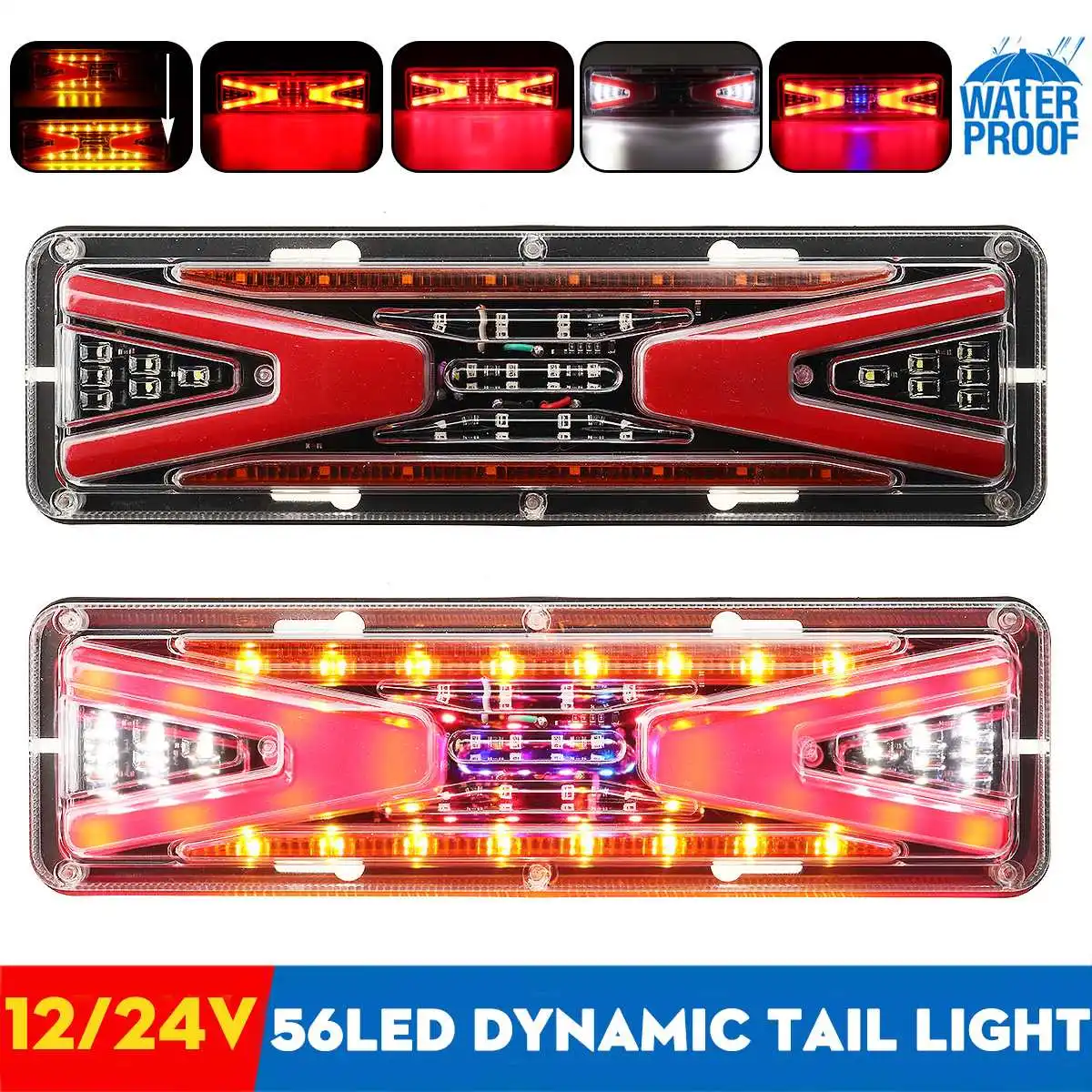 2X Dynamic LED Truck Tail Light Turn Signal Rear Brake Lights Reverse Signal Lamp Trailer Lorry Bus Caravan Camper 12/24V