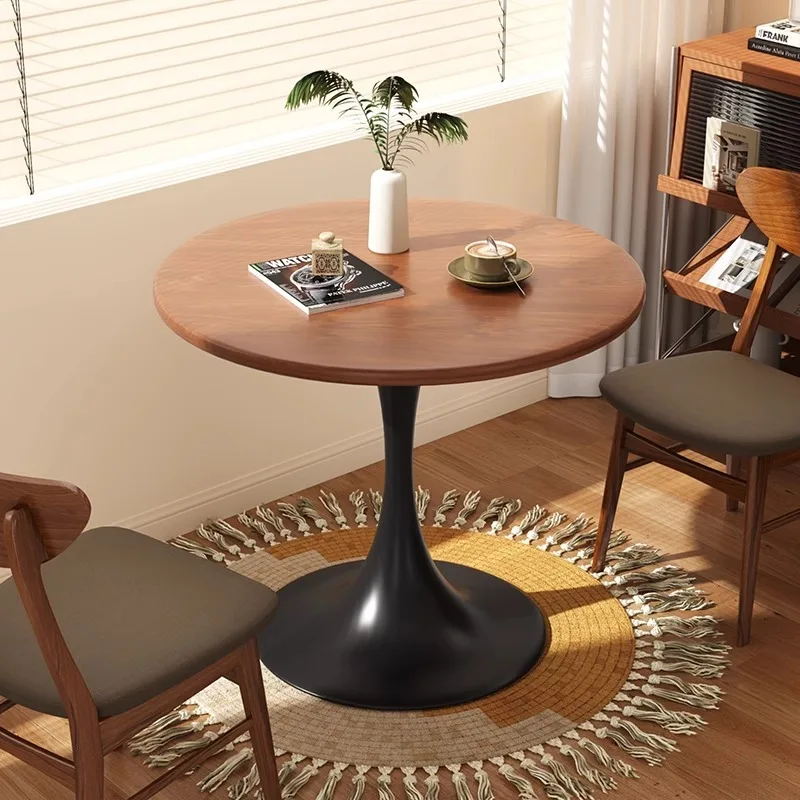 

Modern tulip round table, household wooden dining table, negotiation tea table, coffee round table, carbon steel metal base