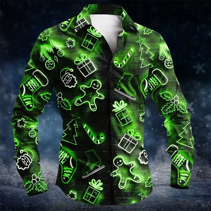 3D Printing Christmas Santa Gingerbread Button Shirts For Men Casual Long Sleeve Oversized Lapel Shirts Tops New In Mens Blouse