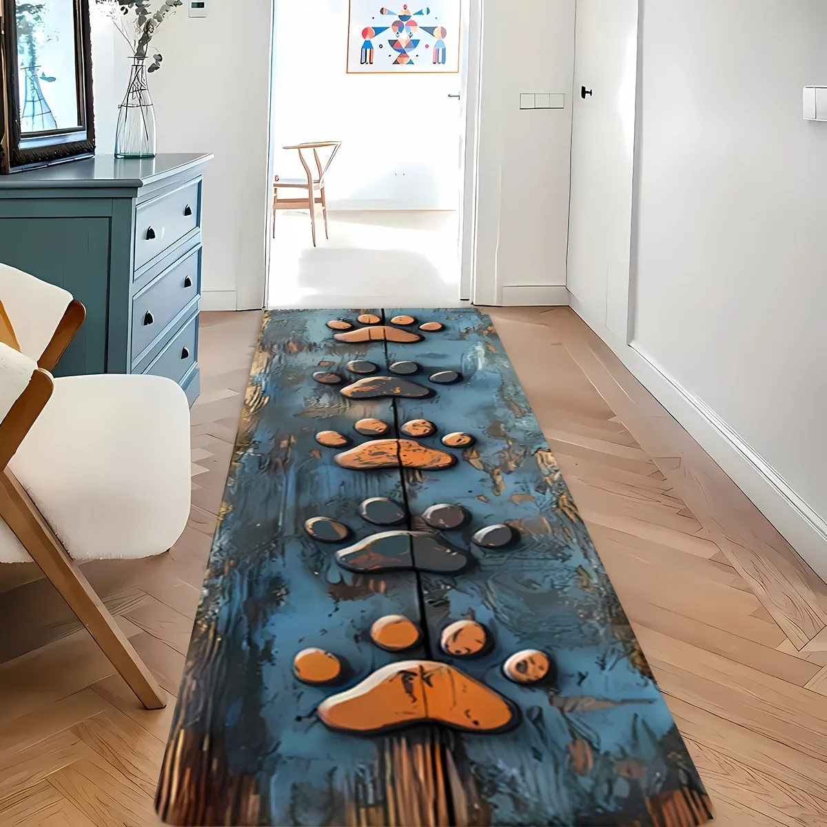Brown Grey Puppy Paw and Bone Print Long Floor Runner Black Background Pet Lover Decor Rug for Hallway & Indoor Space