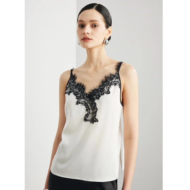 Women Real Mulberry Silk Camisole 2026 New Summer Eyelash Lace V Neck Spaghetti Strap Tank Top Office Layering Satin Vest Blouse