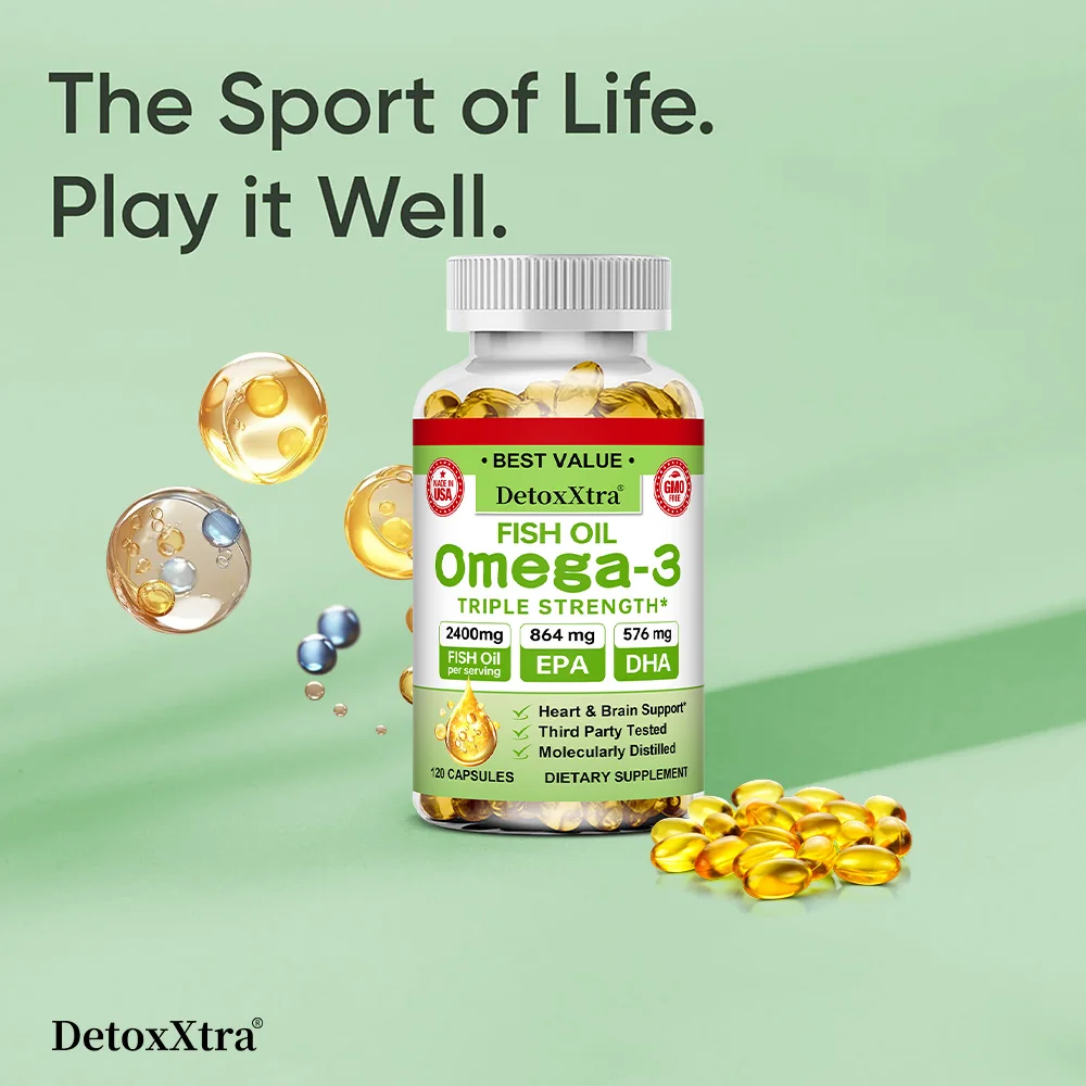 Triple Strength Omega 3 Fish Oil 2400mg, EPA & DHA, Supports Eyes, Cognitive, Heart, Brain, Joint & Skin Health, Non-GMO