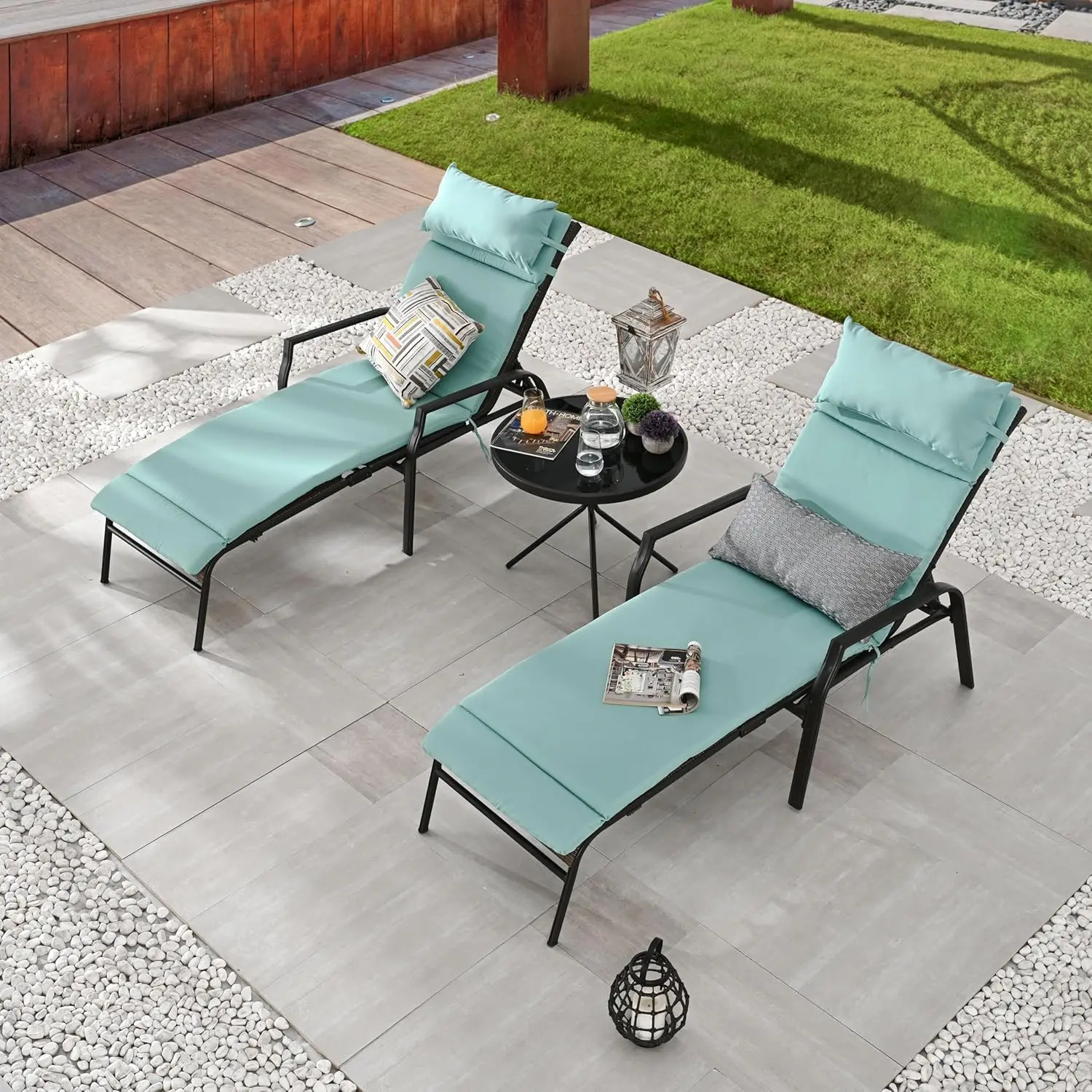 

3 Pieces Outdoor Patio Chaise Lounges Chairs Set Adjustable with Folding Table, Light Blue Cushions