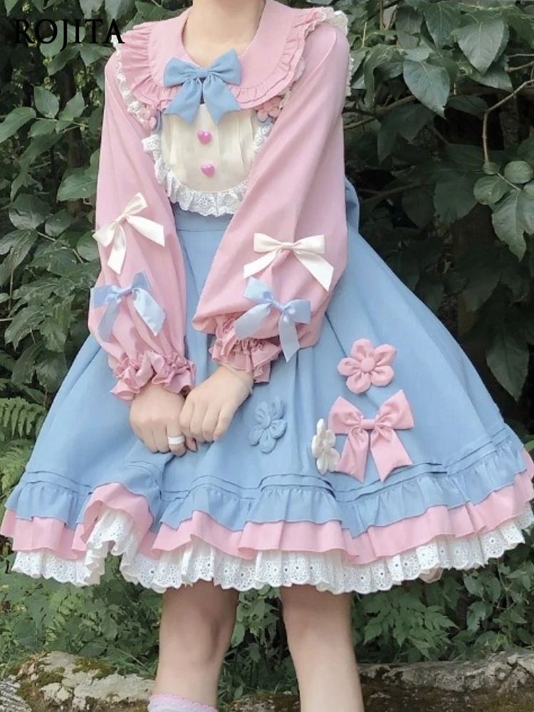 

Loita Sweet Dress Set Doll Collar Pink Long Sleeve Single-Breasted Shirt Top and Strap Dress Two-Piece Set Women's Clothing