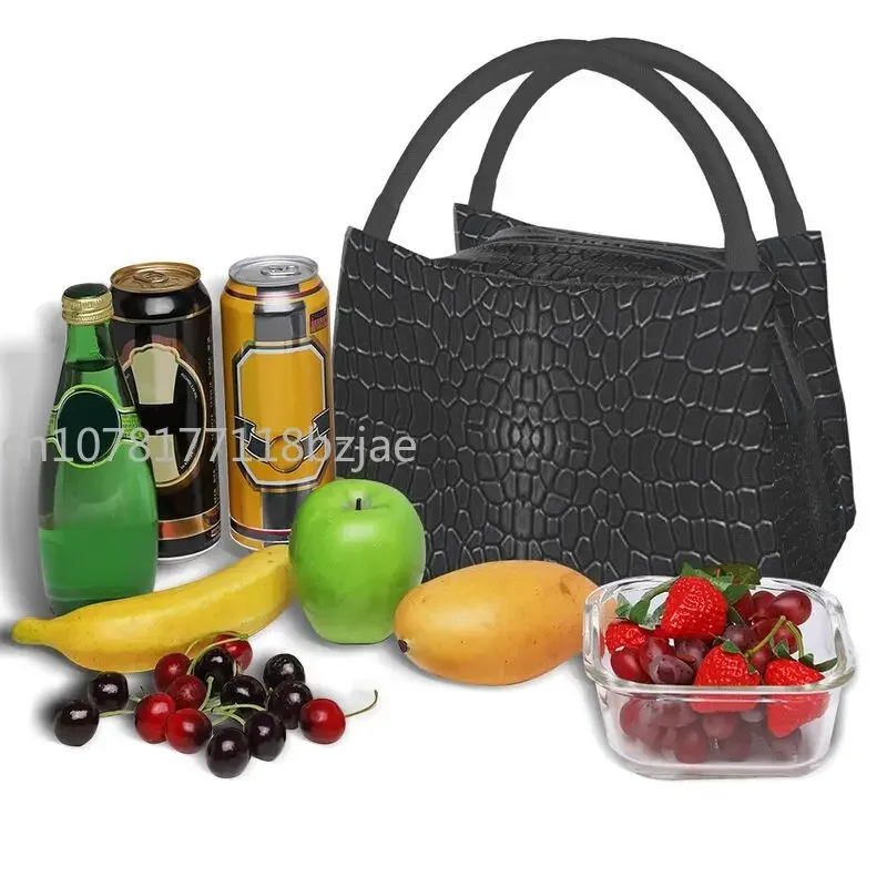 Black Crocodile Skin Leather 3D Print Insulated Lunch Tote Bag for Women Alligator Texture Resuable Thermal Cooler Bento Box