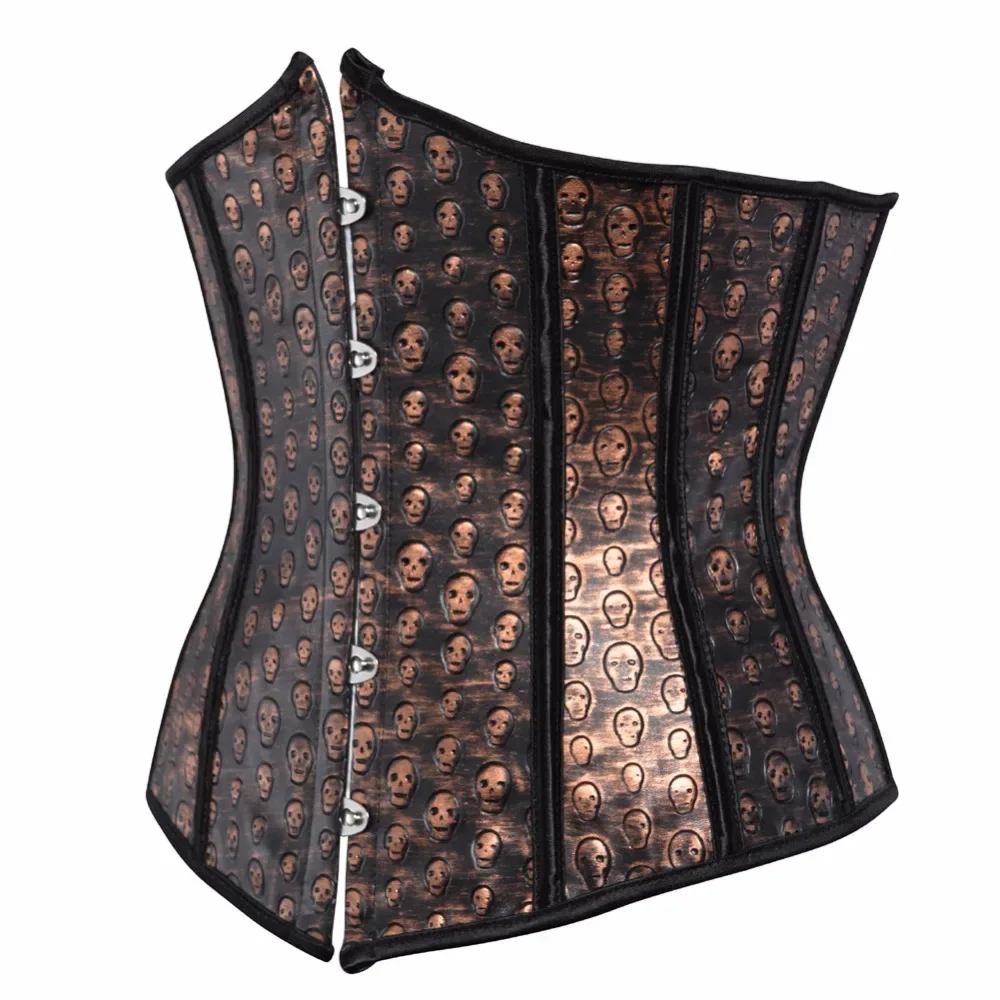 Caudatus Underbust Corsets for Women Sexy Skull Leather Basque Gothic Punk Showgirl Burlesque Espartilho Brown