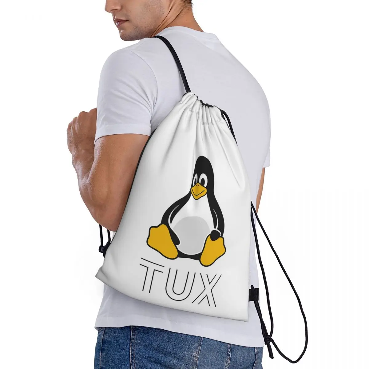 

Tux Linux Backpacks Portable Drawstring Bundle Pocket Sports Bag Book Bags for Travel Students