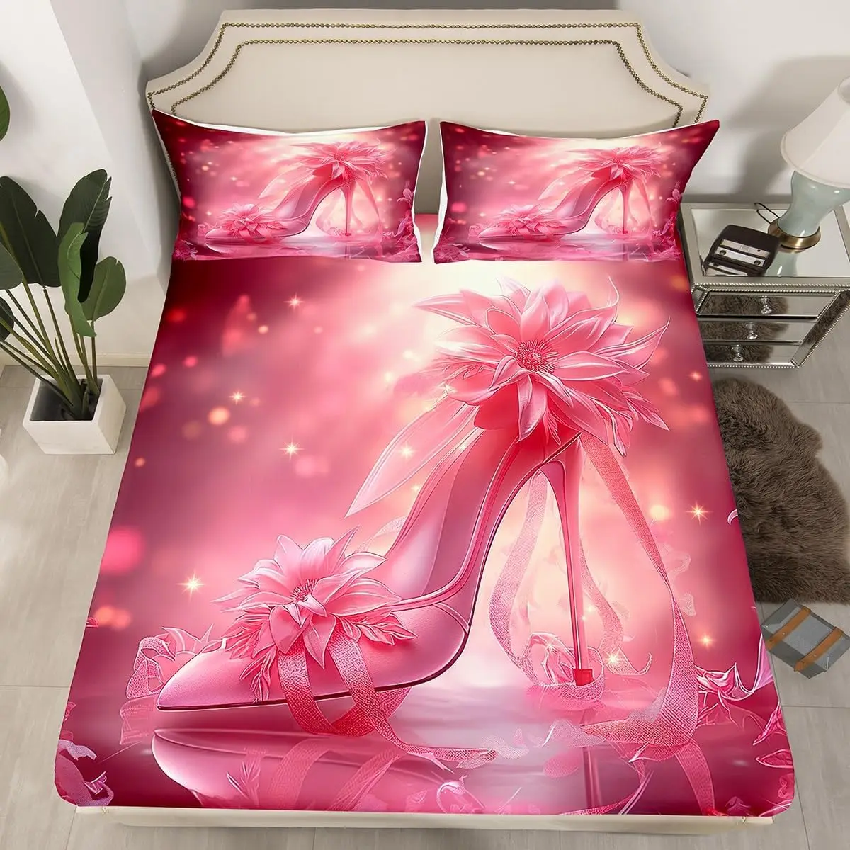 High-Heeled Shoes Fitted Sheet Twin Full Size,Princess Shoes Bed Sheet Set for Kids Girls Room Decor,Soft Polyester Bedding Set