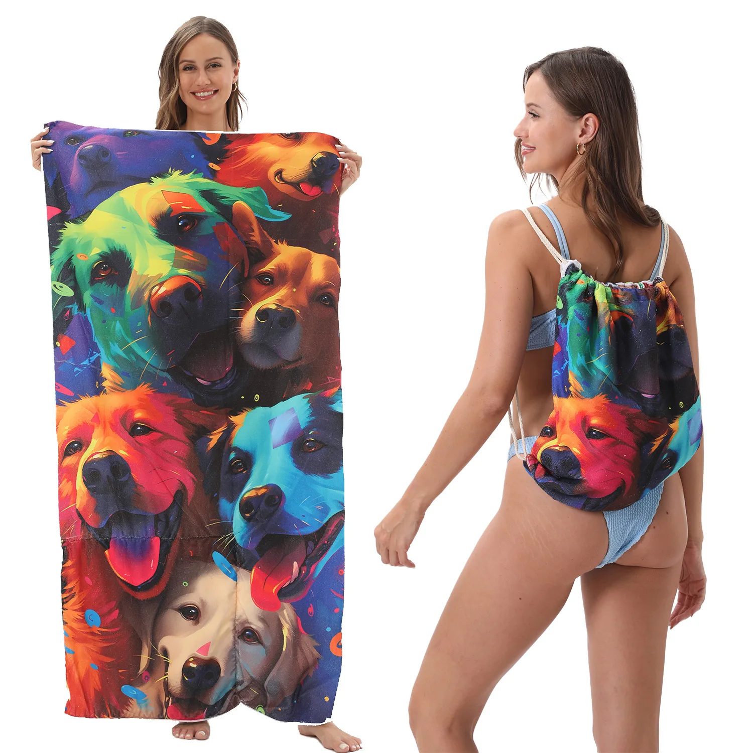 

2-in-1 Foldable Bath Towel Fashion Cartoon Printed Bathrobe for Women Integrated Beach Home Travel Towel Package Storage Bag
