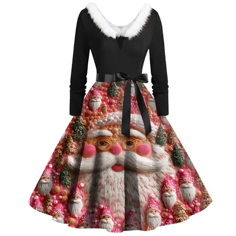 Moderiktig damklänning med rund hals, avslappnad tryck och långärmad, stor gungklänning för fest och högtider 10 best sales svart jultomteklänning - №1