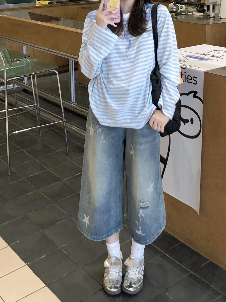 Sweet Cool Star American Style Seven-Foot Loose Wide-Leg Jeans Women Summer Slimming Lazy Jeans High Waist Hole Punching