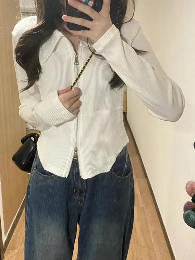 

Укороченный кардиган с длинными рукавами, пальто, женская одежда, отложной воротник на молнии, топы Y2k, модная туника, однотонный тонкий свитер