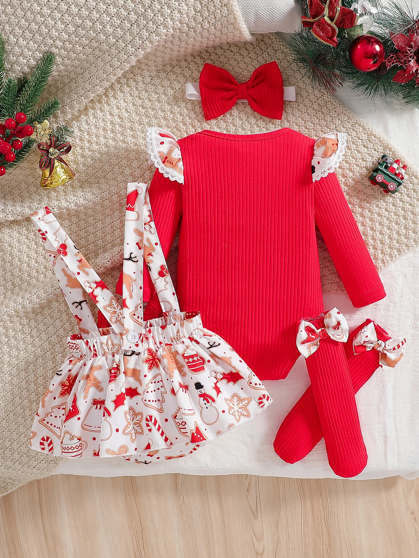 Baby girl cute Christmas costume round neck ruffled long sleeved jumpsuit and suspender jumpsuit, red bow socks and bow headband