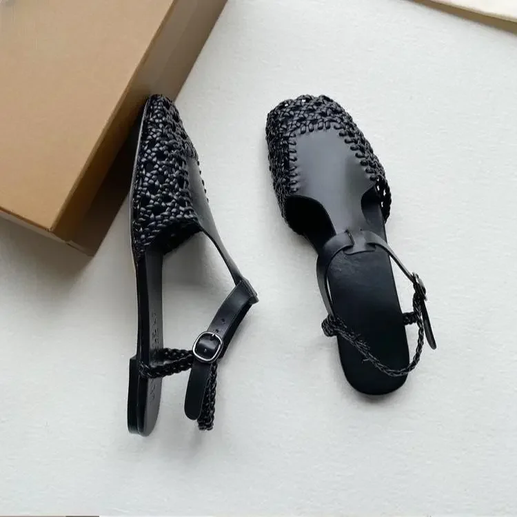 Leather Retro Mary Jane Braided Fisherman Shoes 2023 New Summer Fashion Hollow Roman Shoes Square Toe Breathable Buckle Sandals