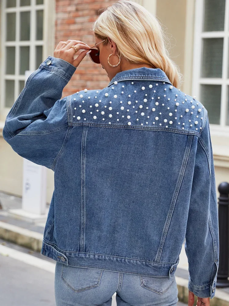 Benuynffy Pearl Beaded Denim Jacket Women 2023 Autumn New Streetwear Fashion Washed Single Breasted Female Short Jean Coat