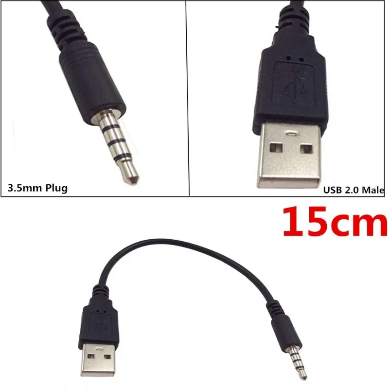 

3.5mm Male AUX Audio Plug Jack To USB 2.0 Male Converter Charge Cable Adapter Data Cord, Black,0.15m