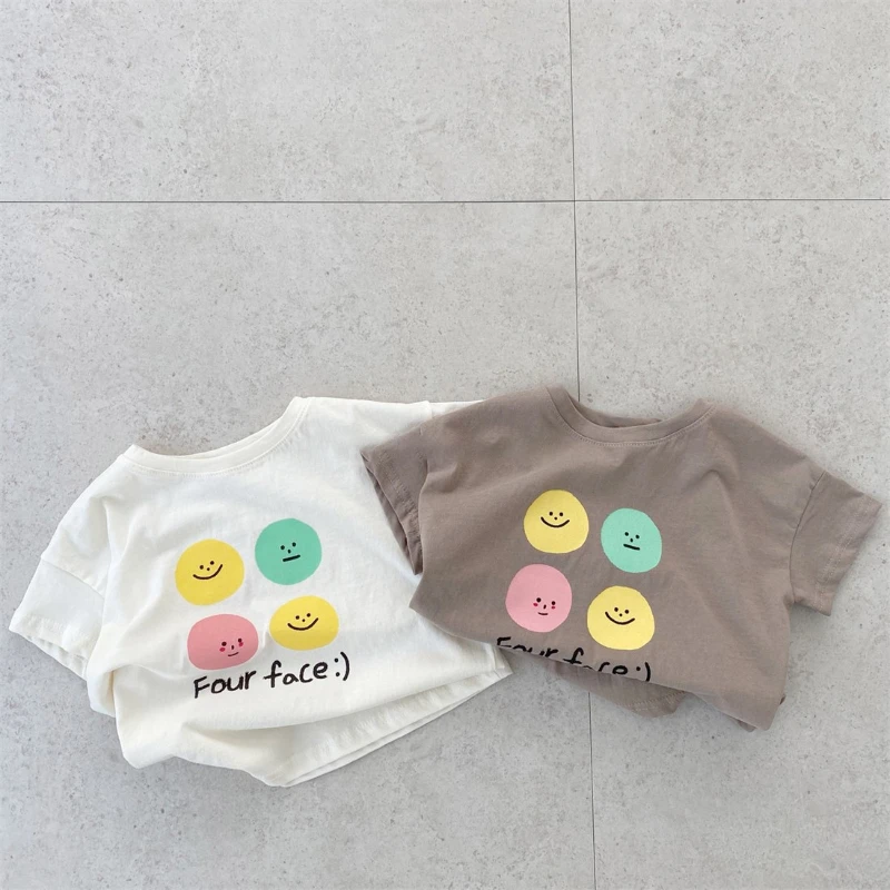 

2025 Summer New Children's Soft Cotton Breathable Letter Smiling Short Sleeve T-shirt